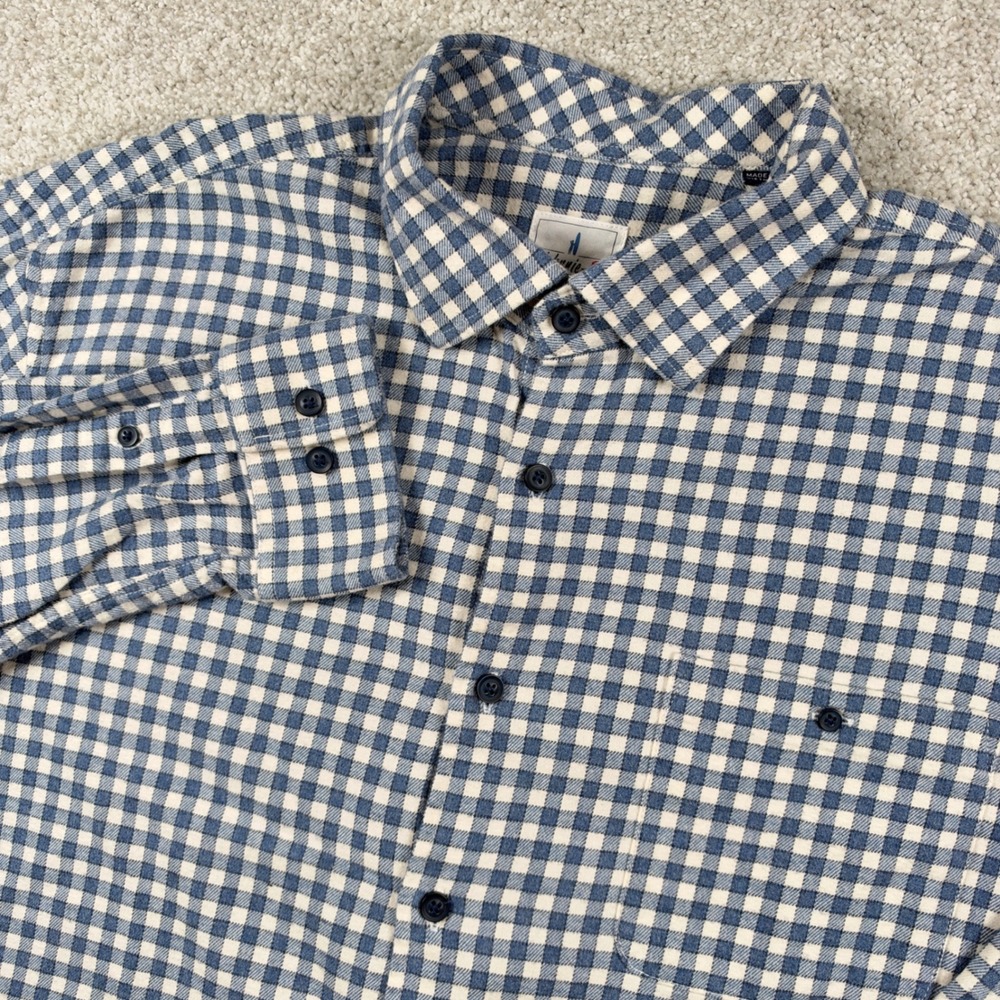 johnnie-O Button Up Shirt Mens XL Blue Gingham Hangin Out Cotton Flannel Logo